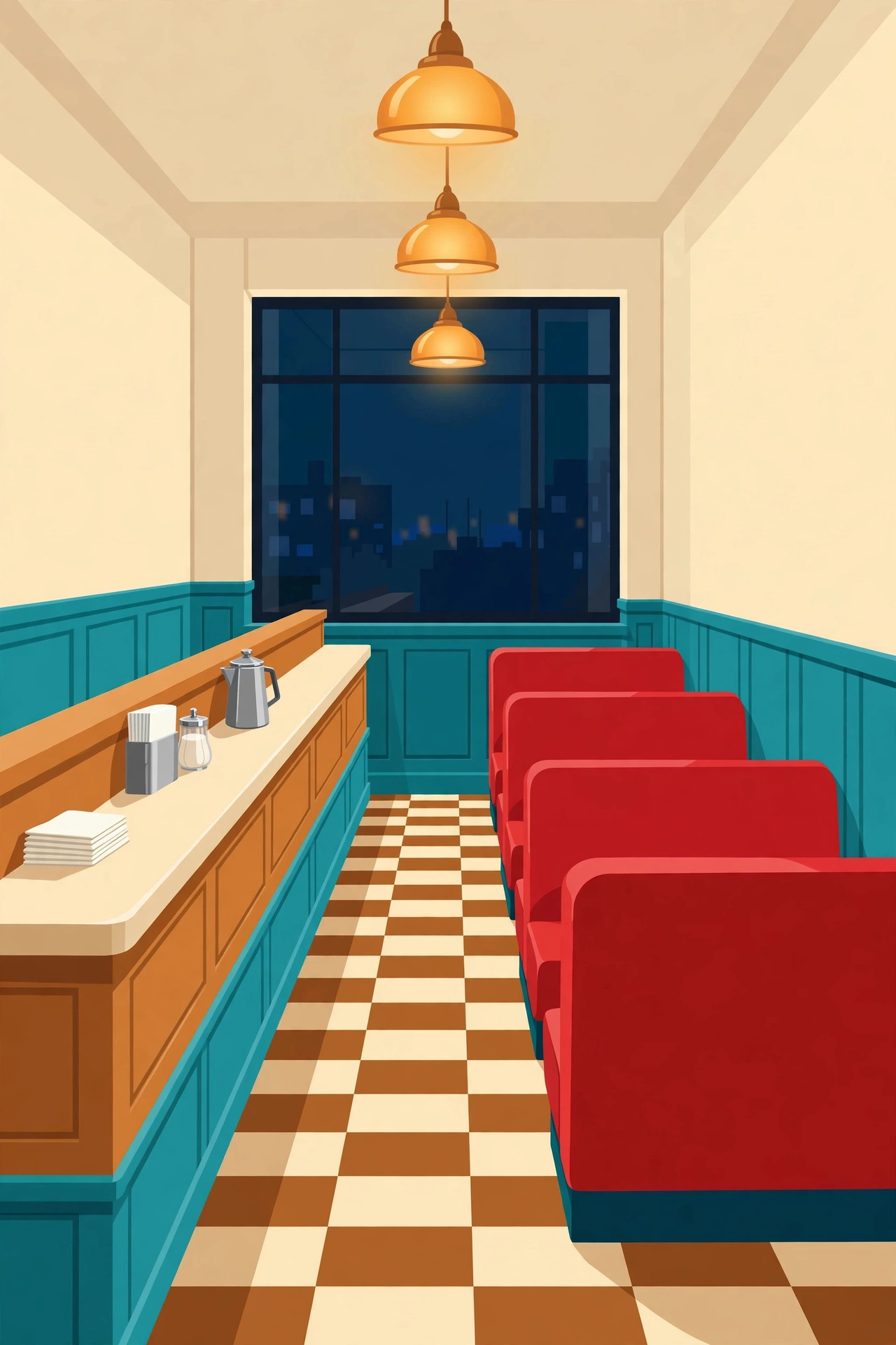 Night Shift Diner — a quiet retro diner interior at night