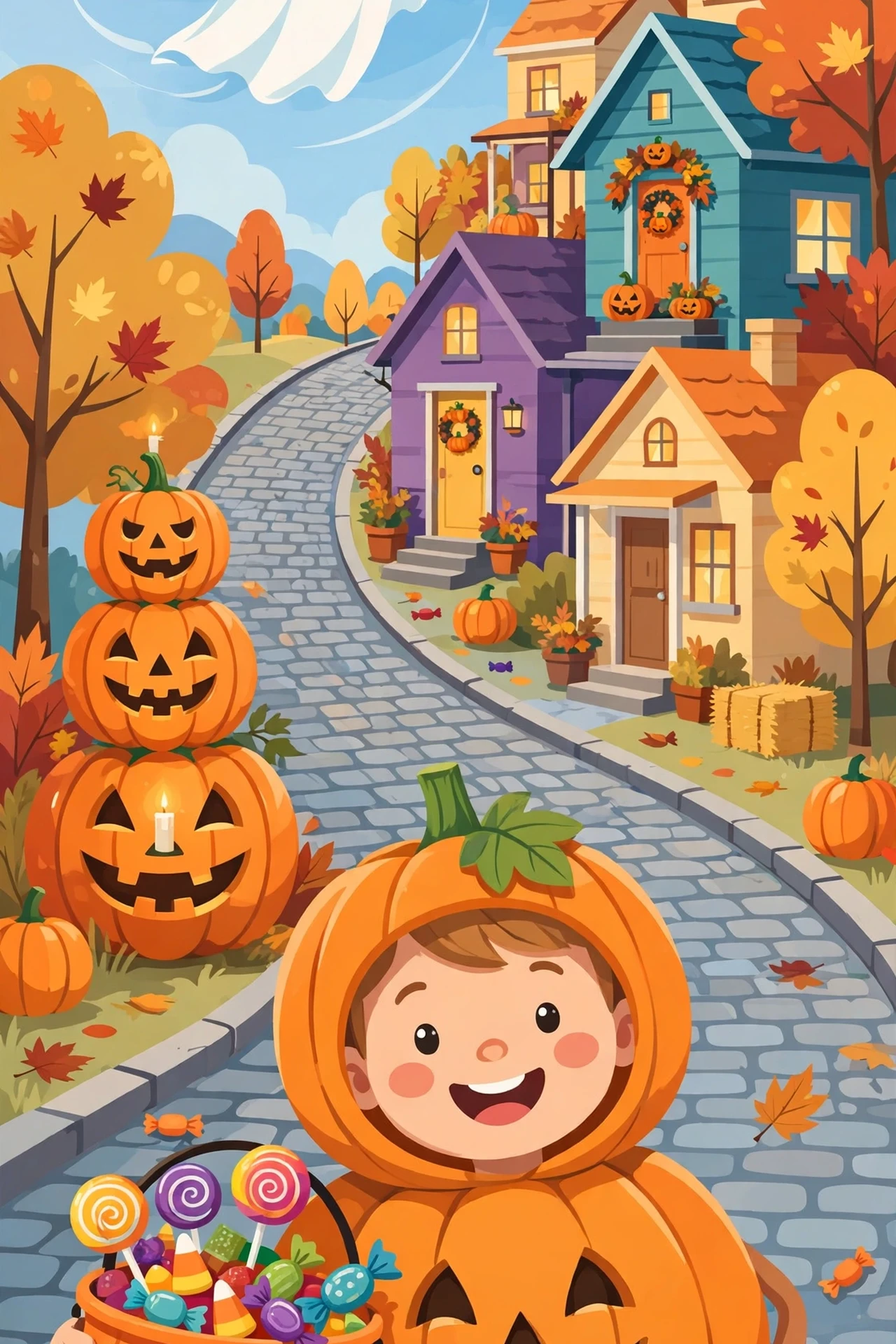 A smiling kid in a pumpkin costume holding an orange bucket overflowing with colorful candy on a decorated suburban street, with a friendly white ghost floating nearby and jack-o-lanterns outside colorful houses under purple and orange bunting.