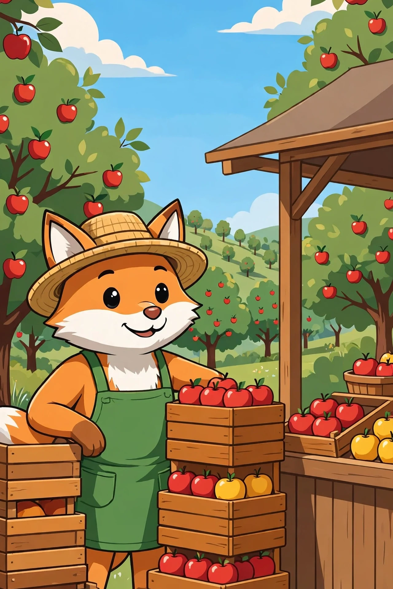 A friendly fox farmer in a straw hat and green apron holding a basket of apples, pears and pumpkins beside a wooden market stall loaded with crates of colorful fruit, with green orchard hills behind.