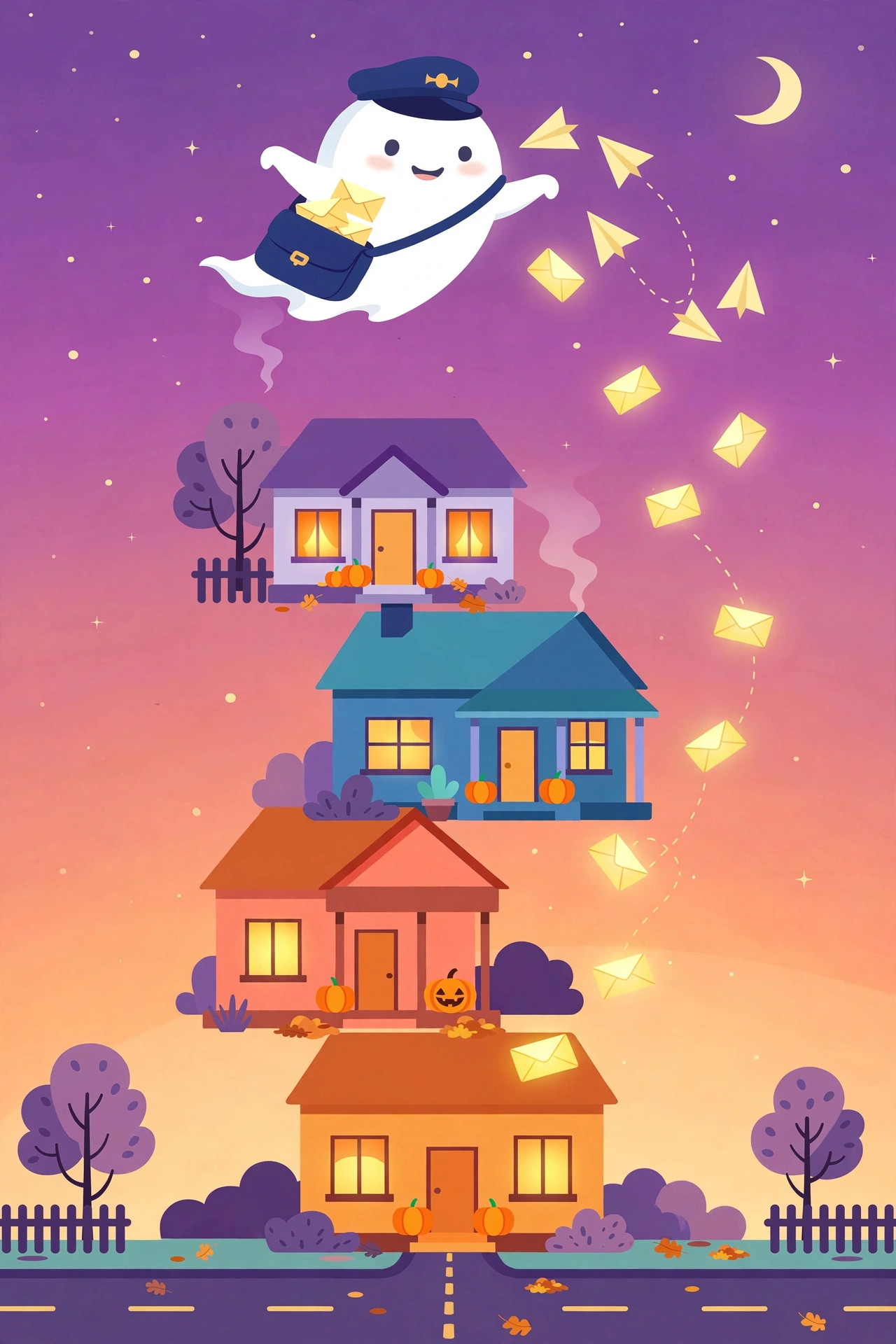 Phantom Postman — a friendly ghost postman delivering glowing letters over a twilight street