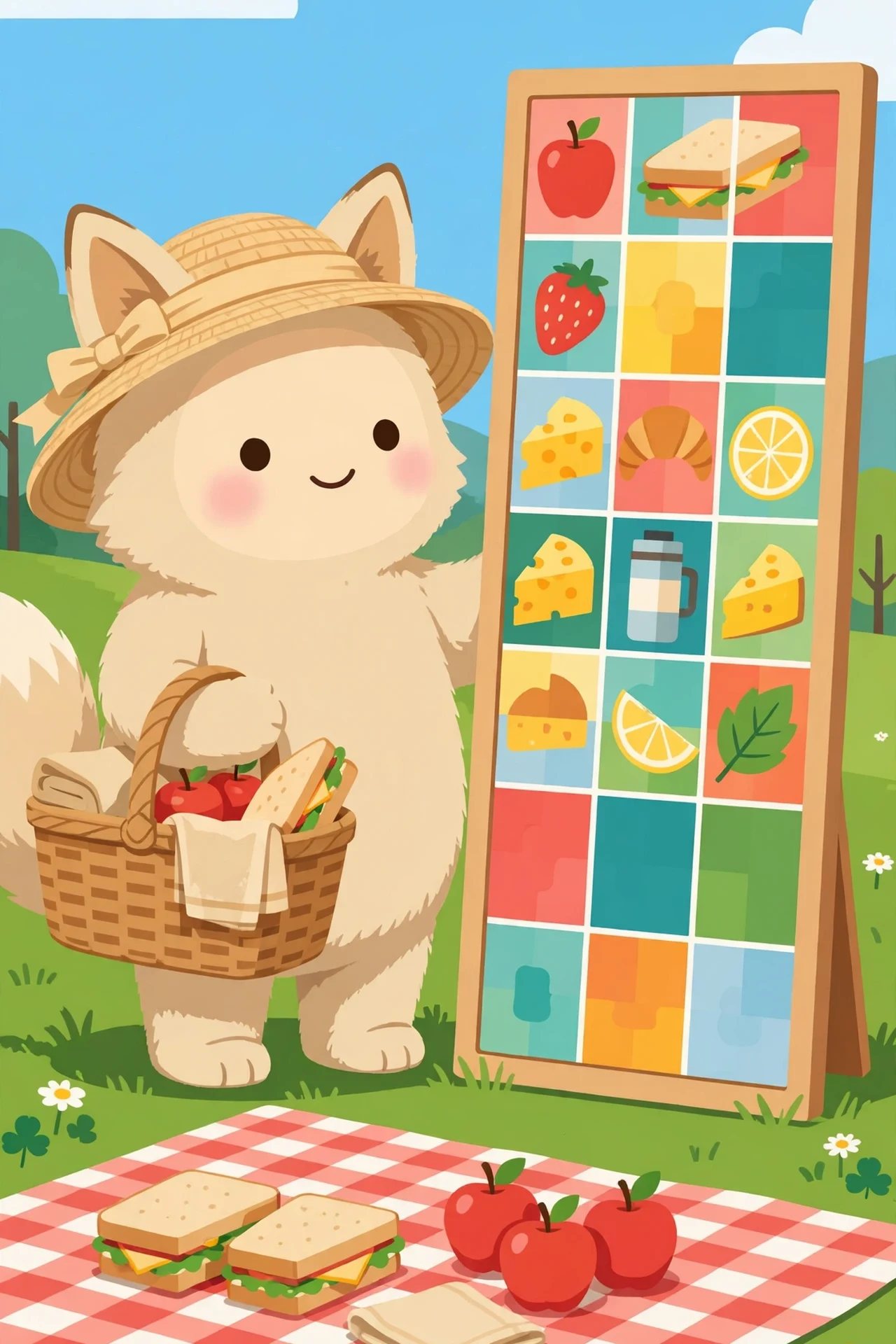 A smiling orange fox in a straw sun hat beside a large picnic mosaic board, with a wicker basket, sandwiches, lemonade jug and apples on a red-and-white checkered blanket