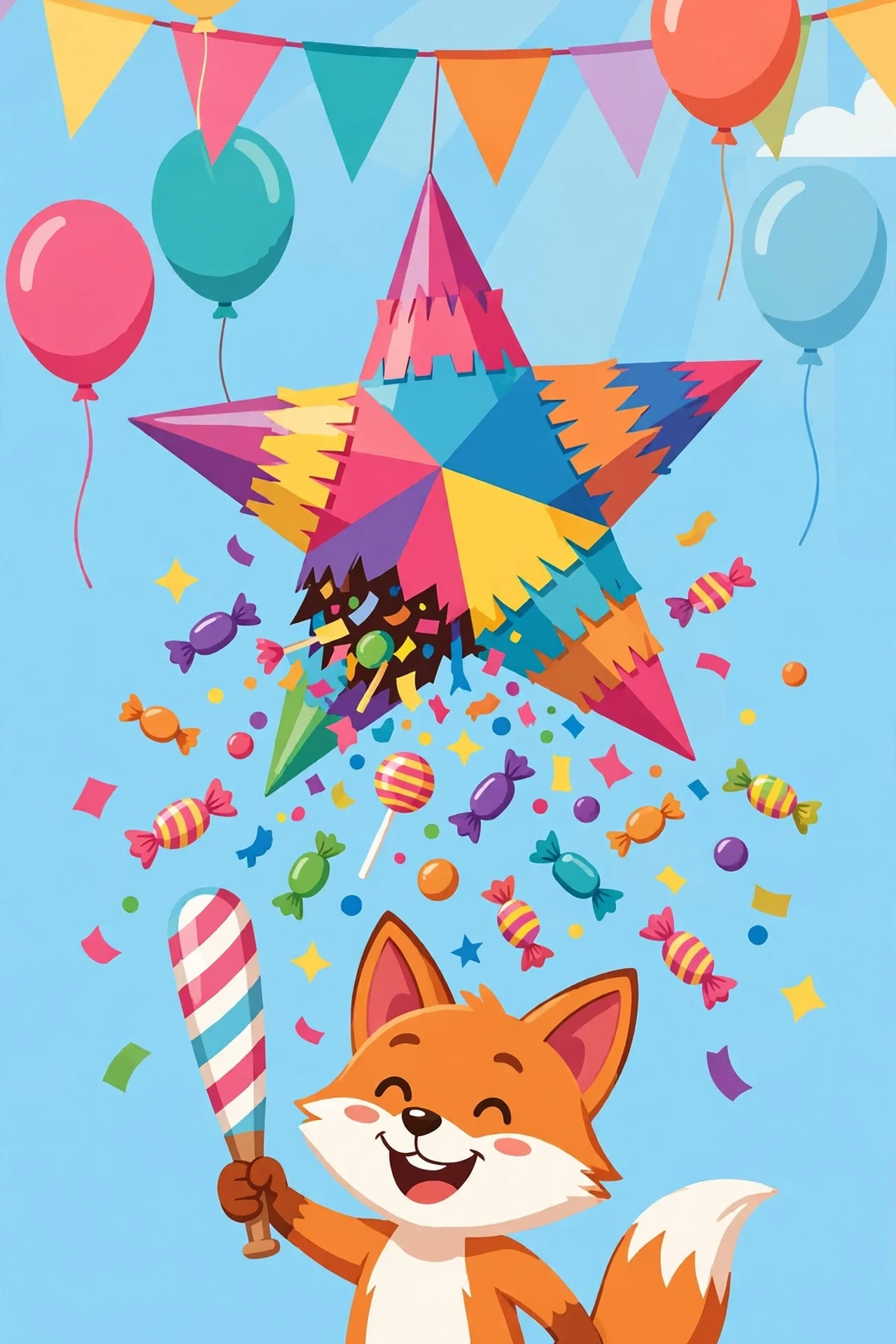 A smiling orange fox mascot in a blue cap swinging a striped bat at a large multicoloured star pinata bursting with candy, balloons and bunting under a sunny sky.