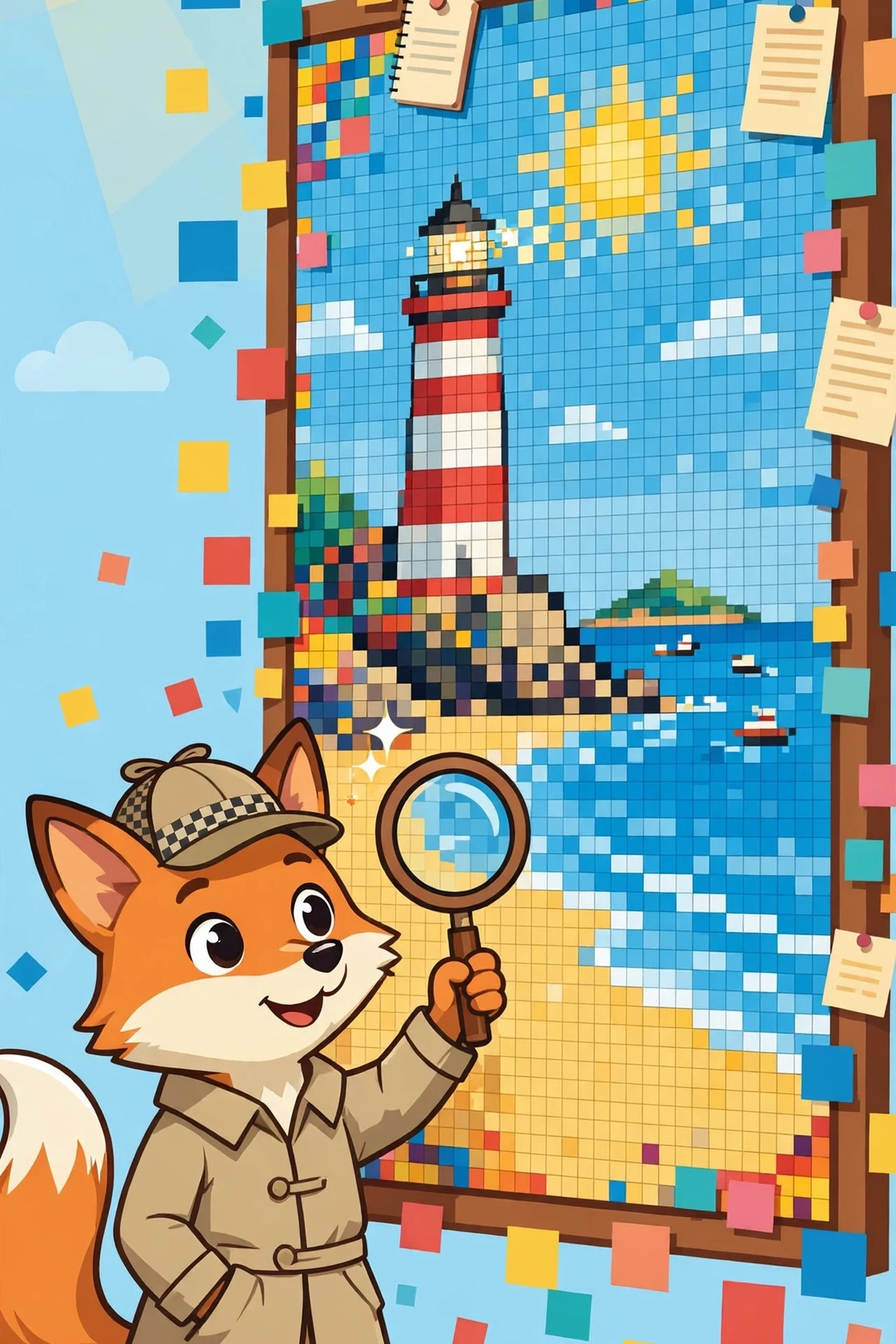 Flat vector art of Pip the fox detective with a magnifying glass beside a large pixel mosaic board revealing a sunny lighthouse beach scene, with colorful pixel squares floating around.