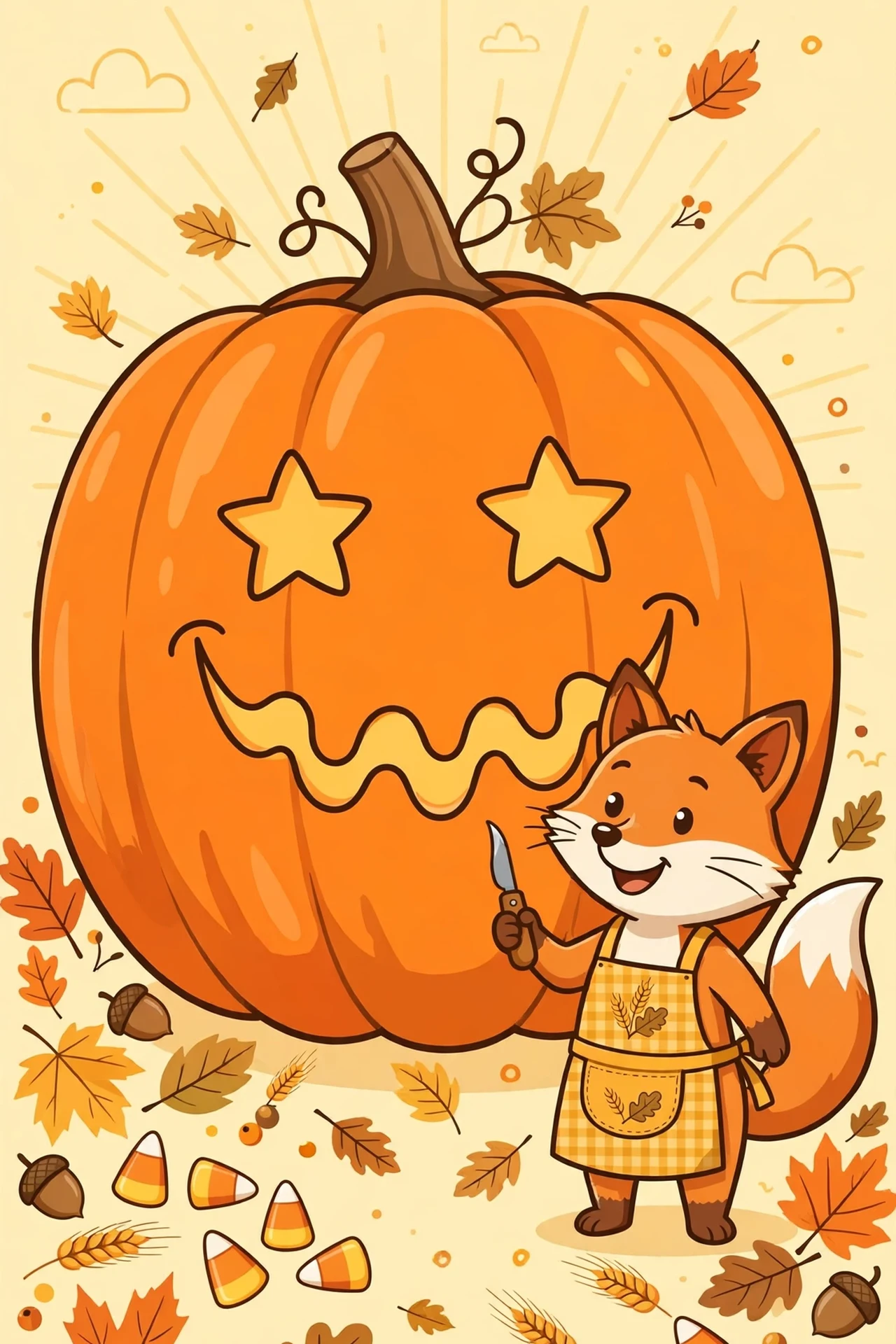 A big orange pumpkin with star eyes and a wiggly grin, surrounded by cartoon animal judges holding up blank score cards in a sunny autumn field.