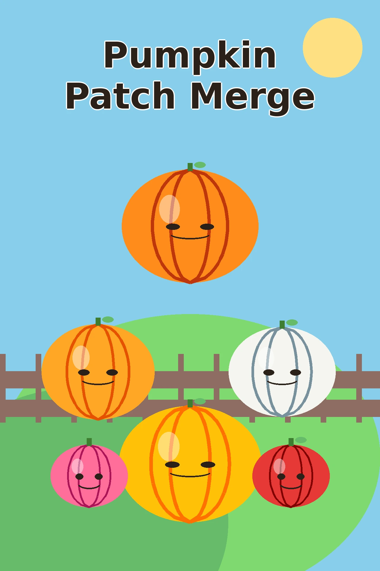 Pip the Patch Keeper, a smiling pumpkin-headed gardener, among big orange, white, pink and golden pumpkins in a bright sunny garden patch.