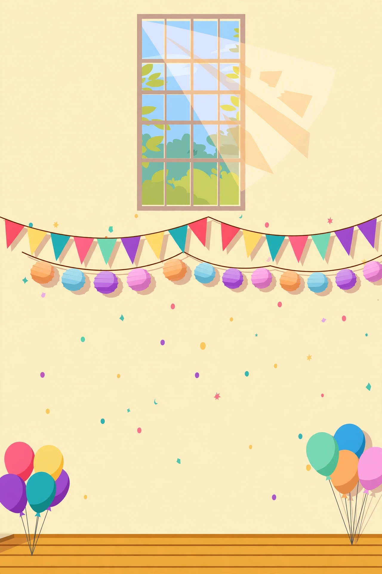 Queue Party — a party room with bunting, balloons, and confetti