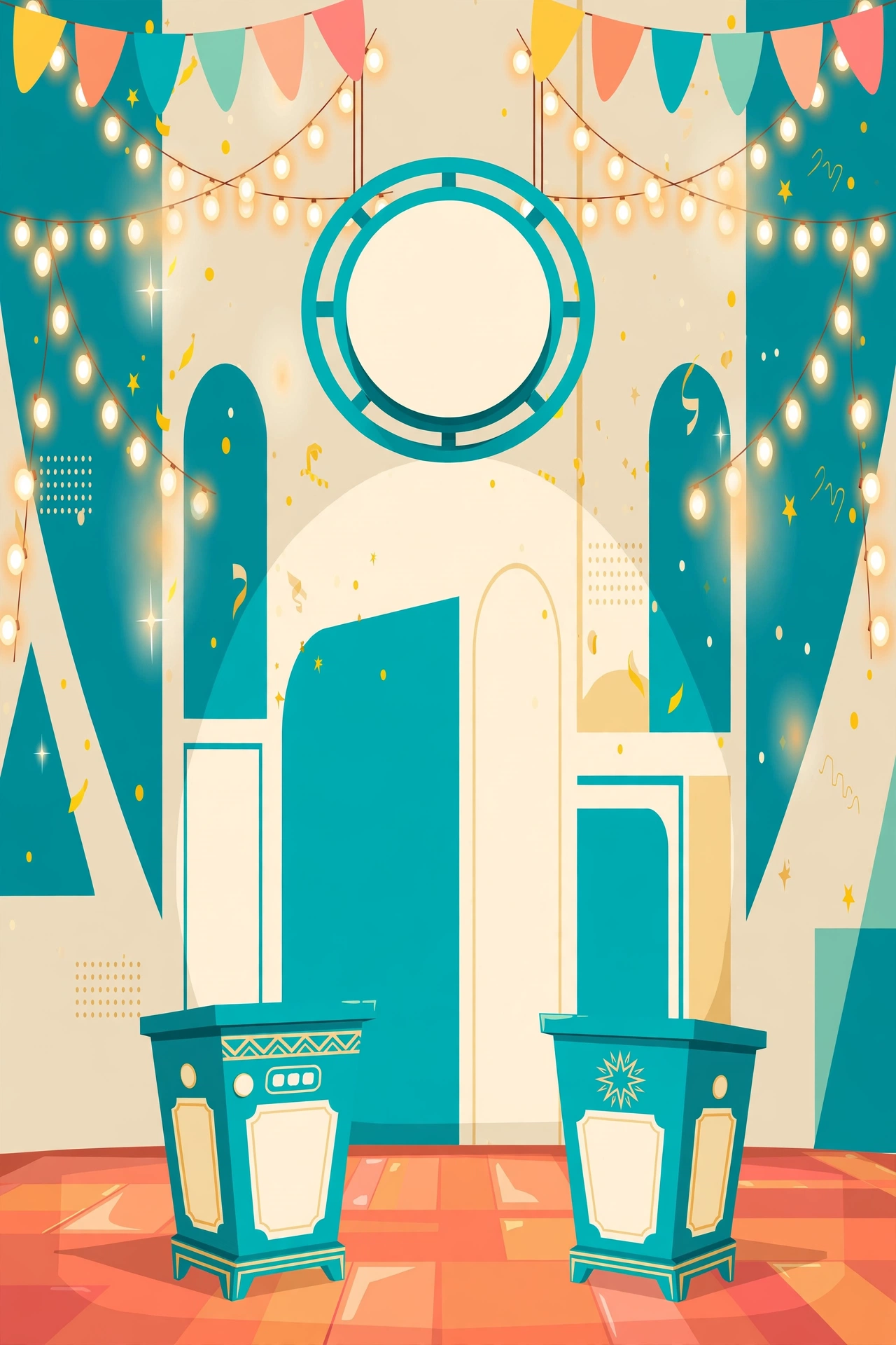 Rare Answer Rally — a festive quiz-show stage with twin podiums