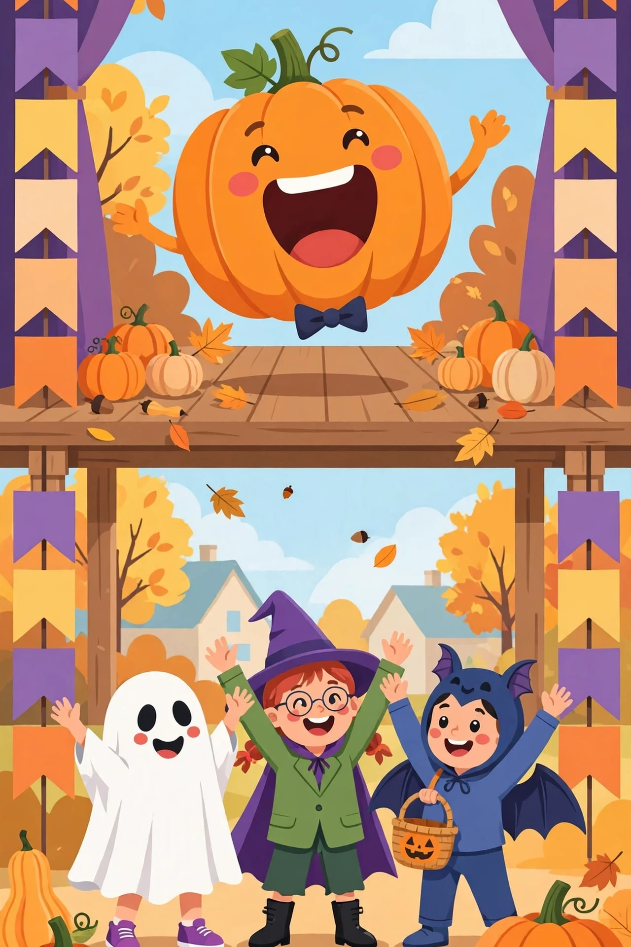 Flat vector cover art: a laughing pumpkin character on an outdoor stage with bunting, cheered on by three costumed children in ghost, witch, and cat costumes among autumn pumpkins