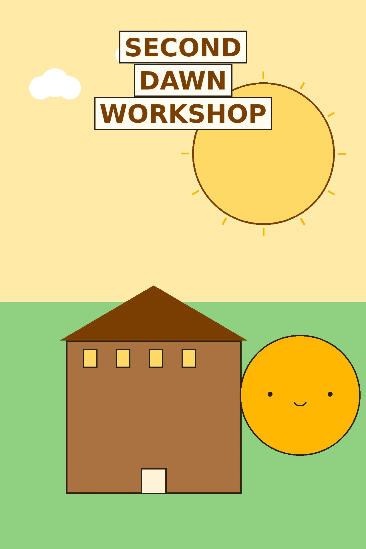 Second Dawn Workshop cover art showing a bright dawn workshop with a cheerful sun sprite and lanterns