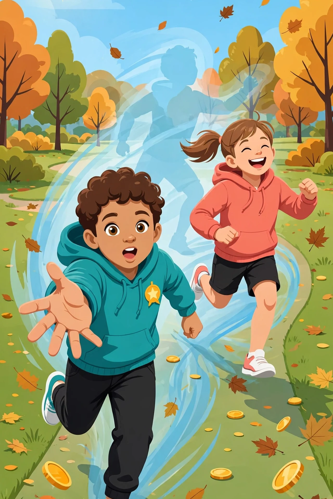 Two laughing children in teal and coral hoodies racing along a sunny park path, with light-blue shadow-trail figures behind them and gold coins scattered on the grass