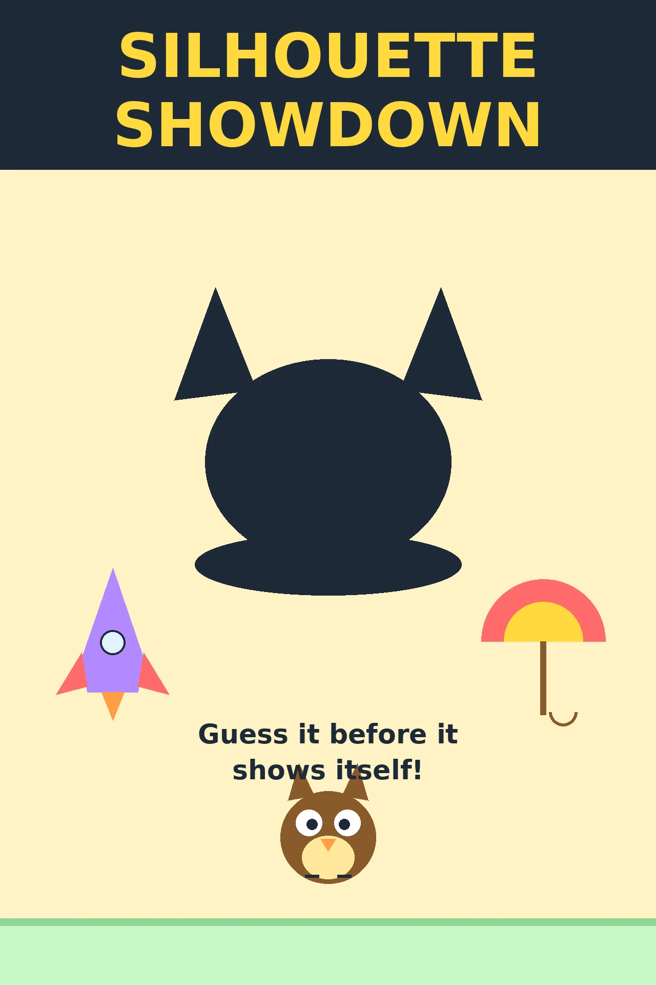 Flat vector art of Shade the spotlight owl beside a huge dark cat silhouette that is zooming out on a bright sunny stage, with the title Silhouette Showdown.