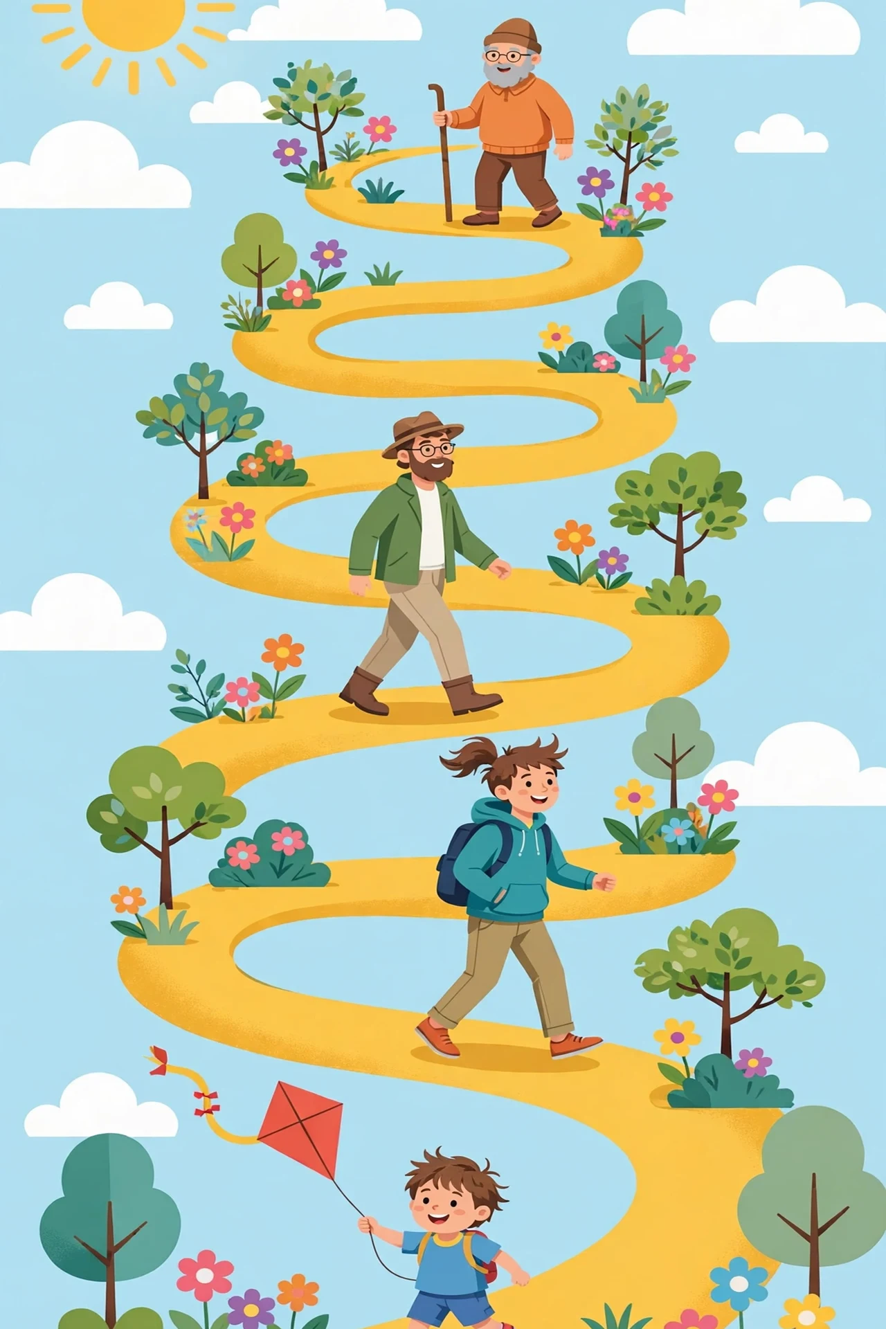 Flat vector illustration of a winding golden path across green hills, with the same character at four life stages: a small child flying a red kite, a young adult with a backpack, an adult in a brown hat, and a smiling elder with a walking stick, plus a small house and a bright sun, with no text.