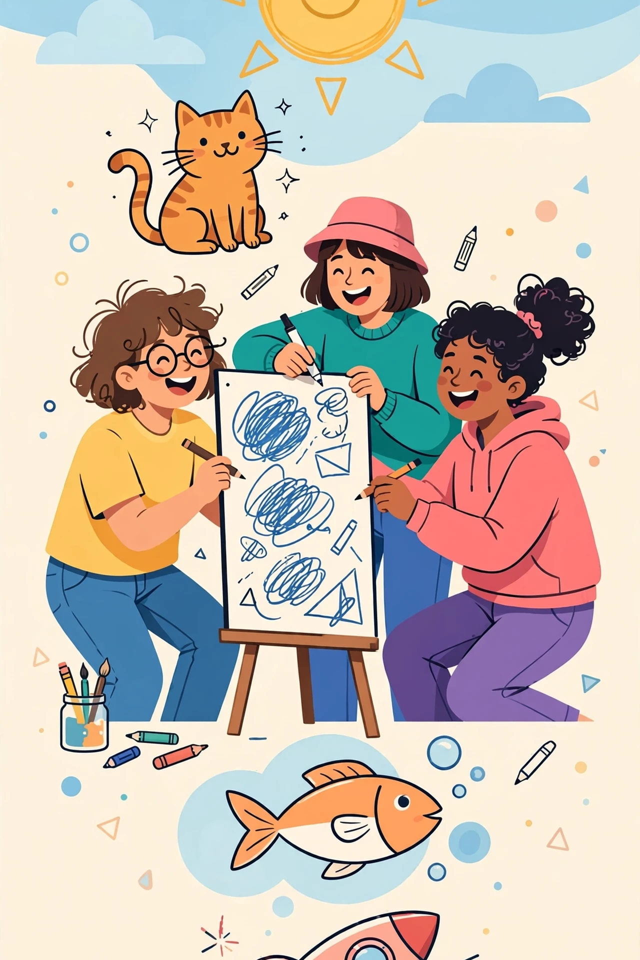 Flat vector illustration of friends laughing around a drawing board outdoors, with cat, sun, fish and rocket doodles floating around them
