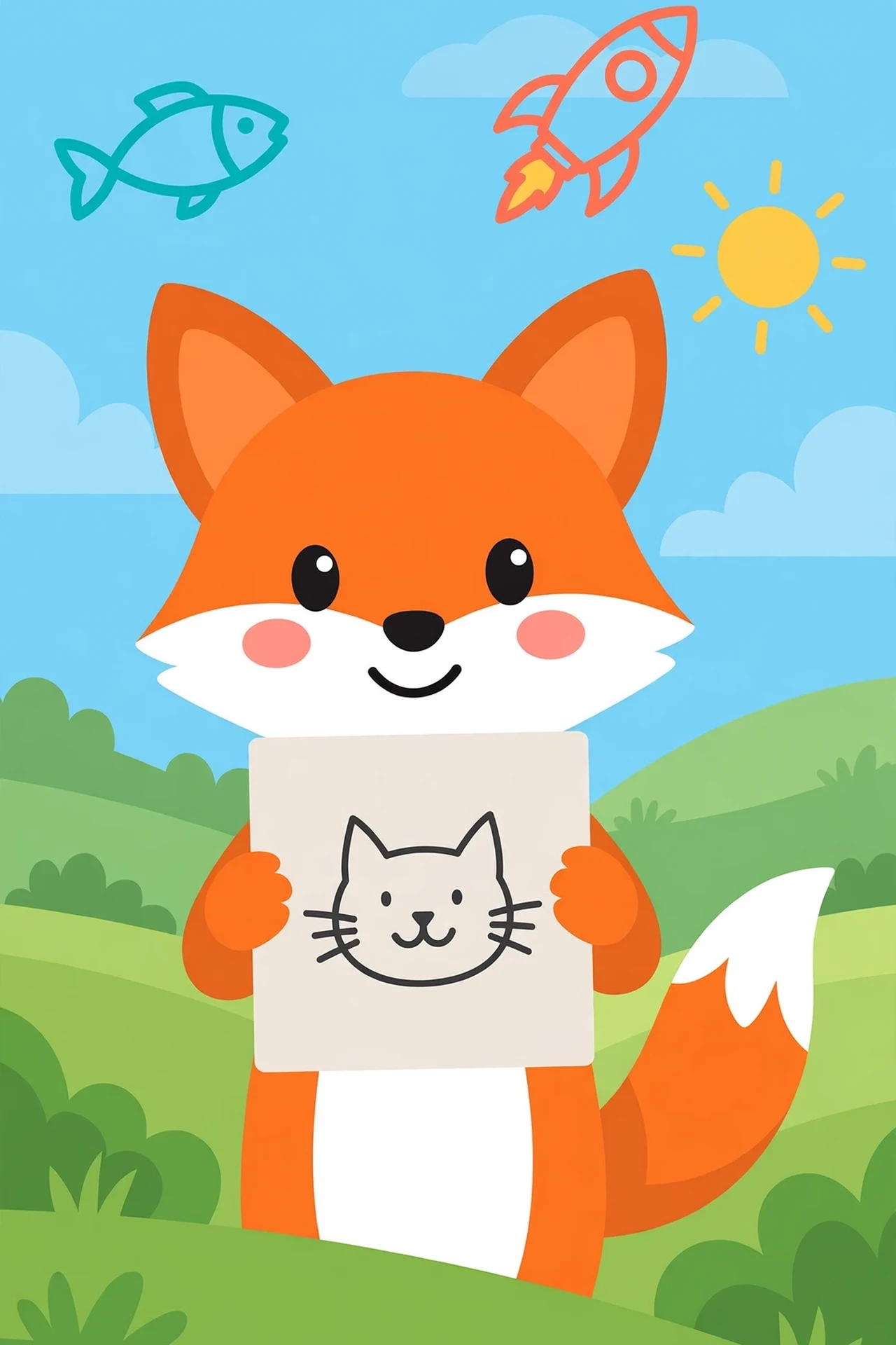 Flat vector illustration of a girl, a boy and a fox passing drawings along on paper planes, with cat, fish and rocket doodles floating between them under a sunny sky