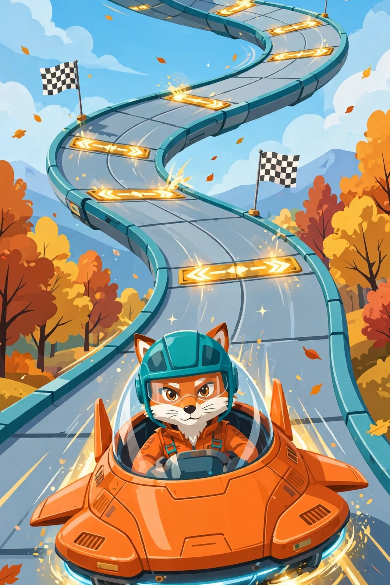 A grinning fox pilot in a teal helmet leads a race in a teal hover craft on a curving sky track with golden boost pads, a purple and a yellow rival craft behind, autumn trees and checkered flags at the track edge.