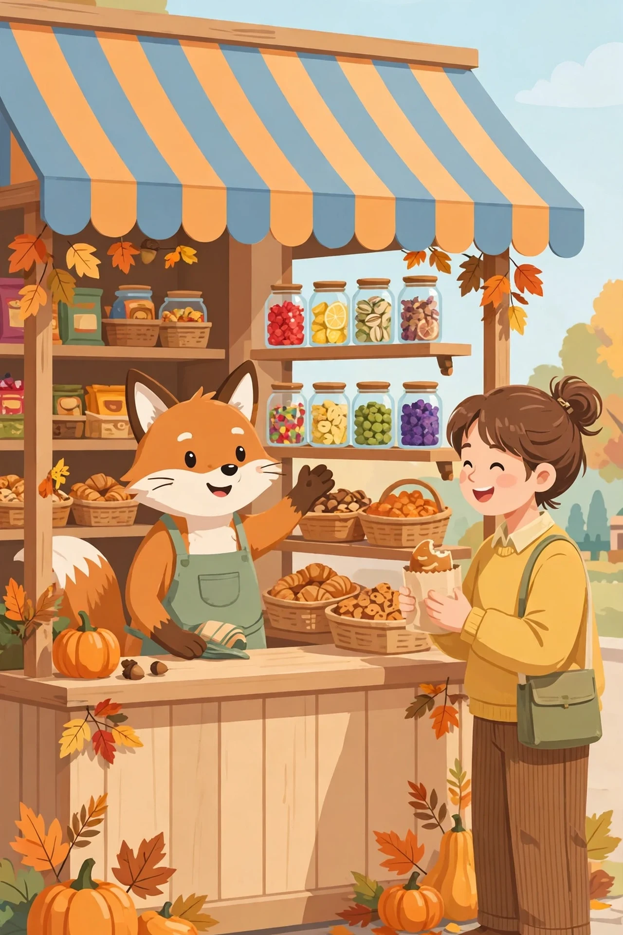Flat vector art of a fox shopkeeper in an apron waving at a customer holding a snack bag, in front of a wooden snack stall with striped awning, jars of colorful snacks, baskets of treats, pumpkins and autumn leaves.