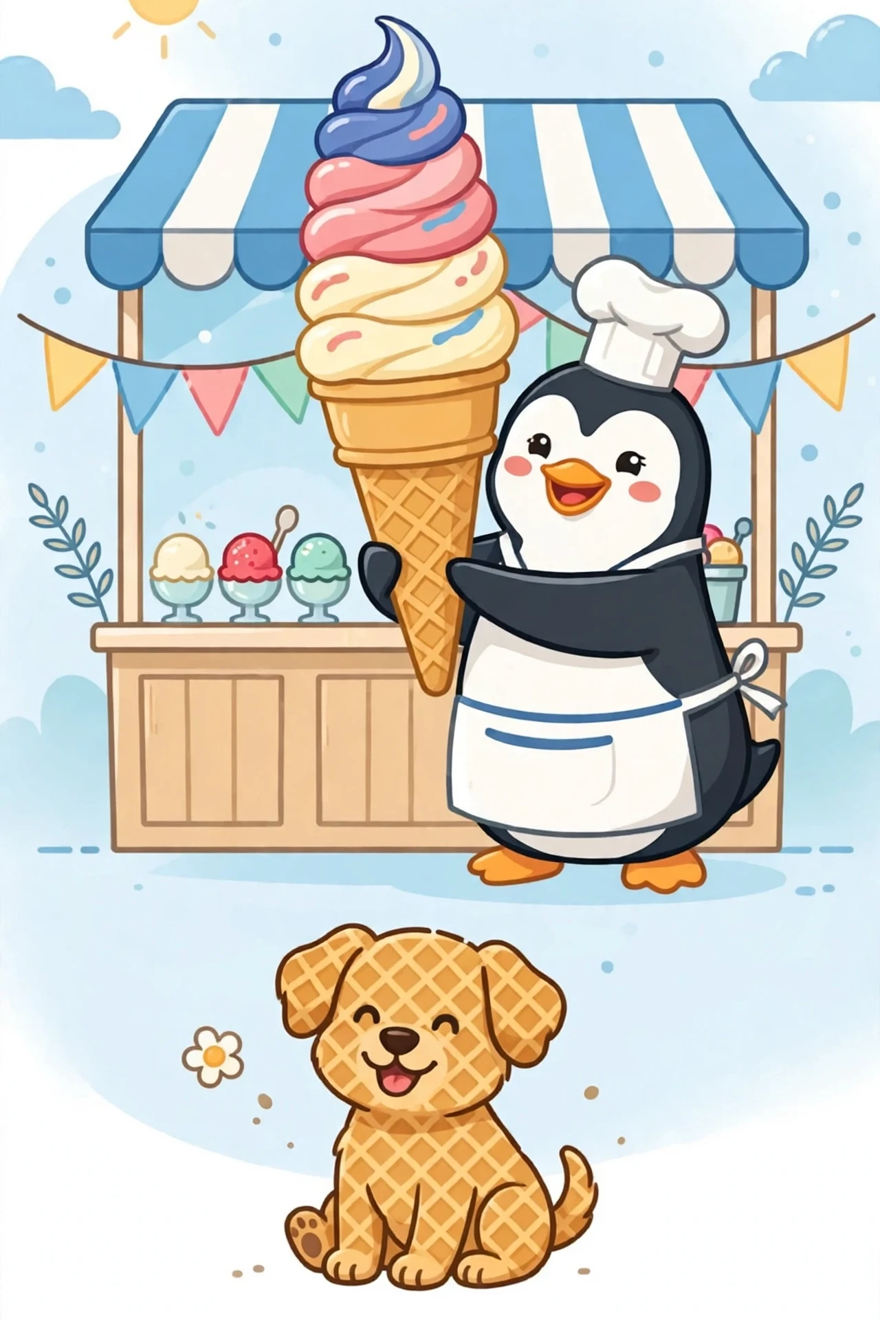 A happy penguin chef in a striped apron beside a tall pink, mint, and vanilla soft-serve tower on a waffle cone, with a small waffle-pattern puppy watching at a sunny ice-cream stand.