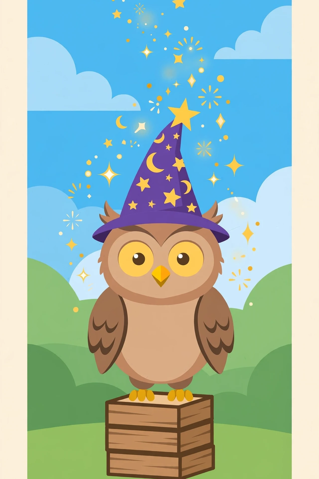 A wizard owl in a purple star hat standing on a stack of wooden tiles, with floating letters and gold sparkles over green hills and blue sky.