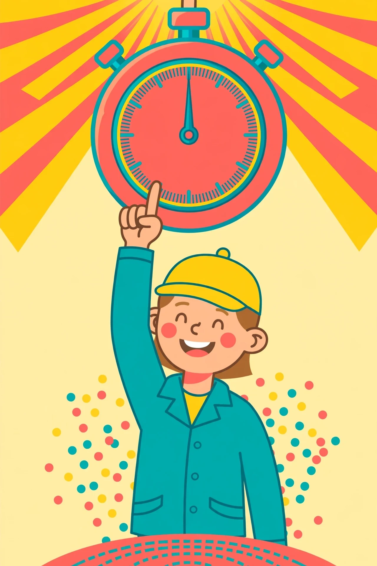 Flat vector illustration of a cheerful timekeeper in a yellow cap and teal jacket pressing a giant round stopwatch, with confetti dots and a sunny yellow, teal and coral sunburst background