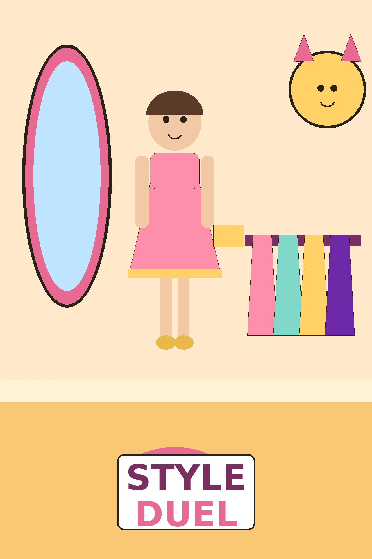 Luna, an original model in a rose garden gown with gold heels and a gold clutch, poses beside stylist host Mimi in a bright boutique for Style Duel.