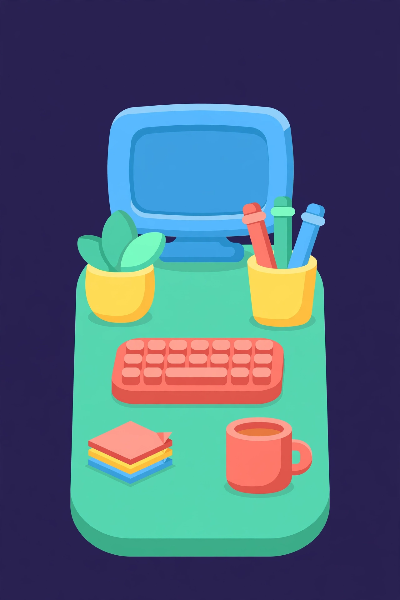 Tab Turret — a tidy desk with a monitor, keyboard, and coffee, ready for invaders