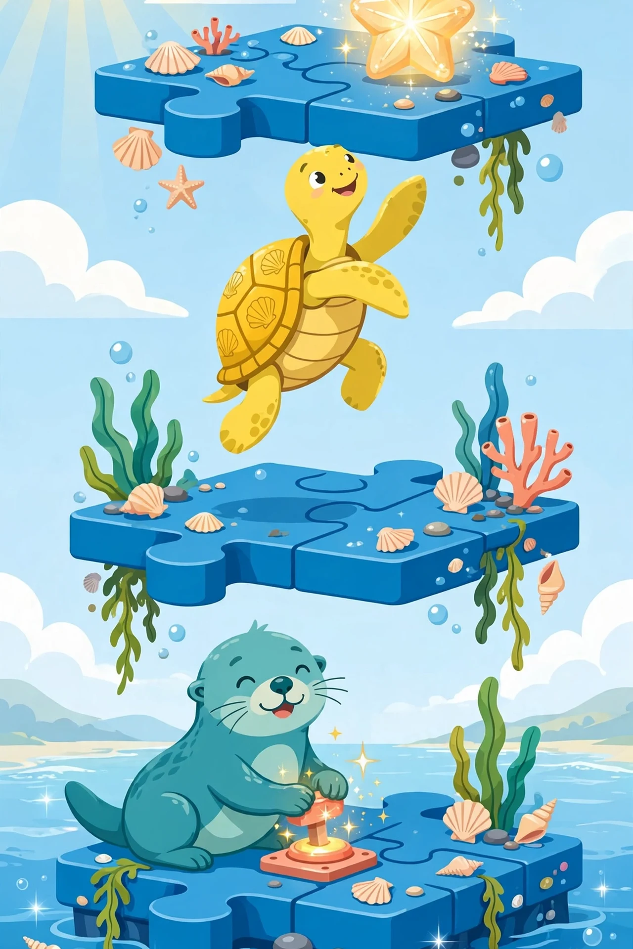 A teal otter pressing a coral switch on a wooden dock while a yellow turtle leaps toward a glowing star shell over bright blue water