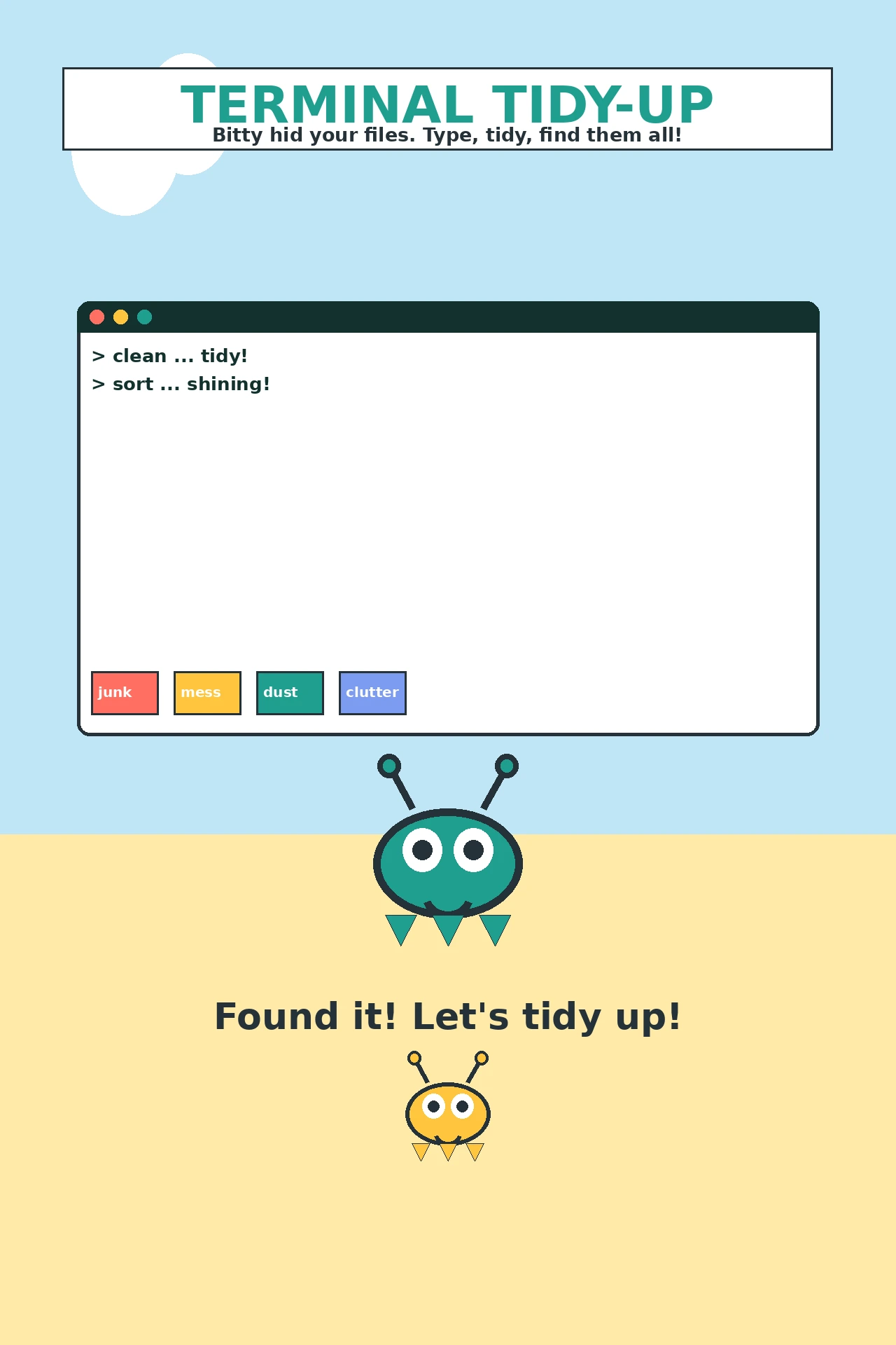 Terminal Tidy-Up cover art showing Bitty the friendly bug-pet beside a big tidy terminal window