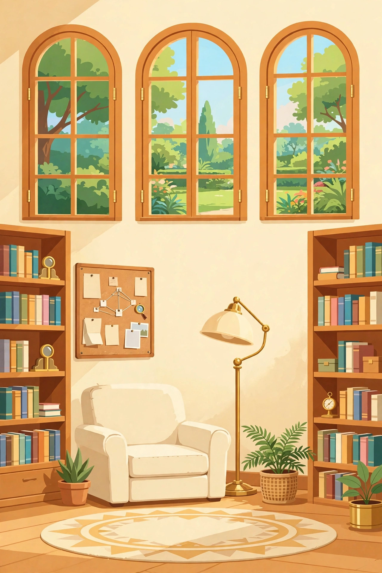 The Daily Deduction — a cozy manor library with tall arched windows