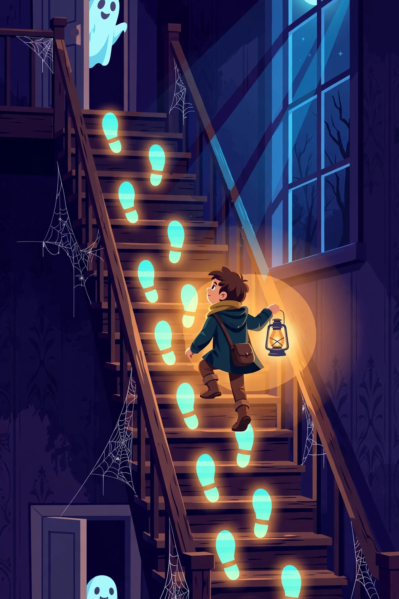 Flat vector night scene of a brave child with a glowing lantern walking through a dark old house hallway past friendly ghosts, following a trail of glowing footprints on the wooden floor.
