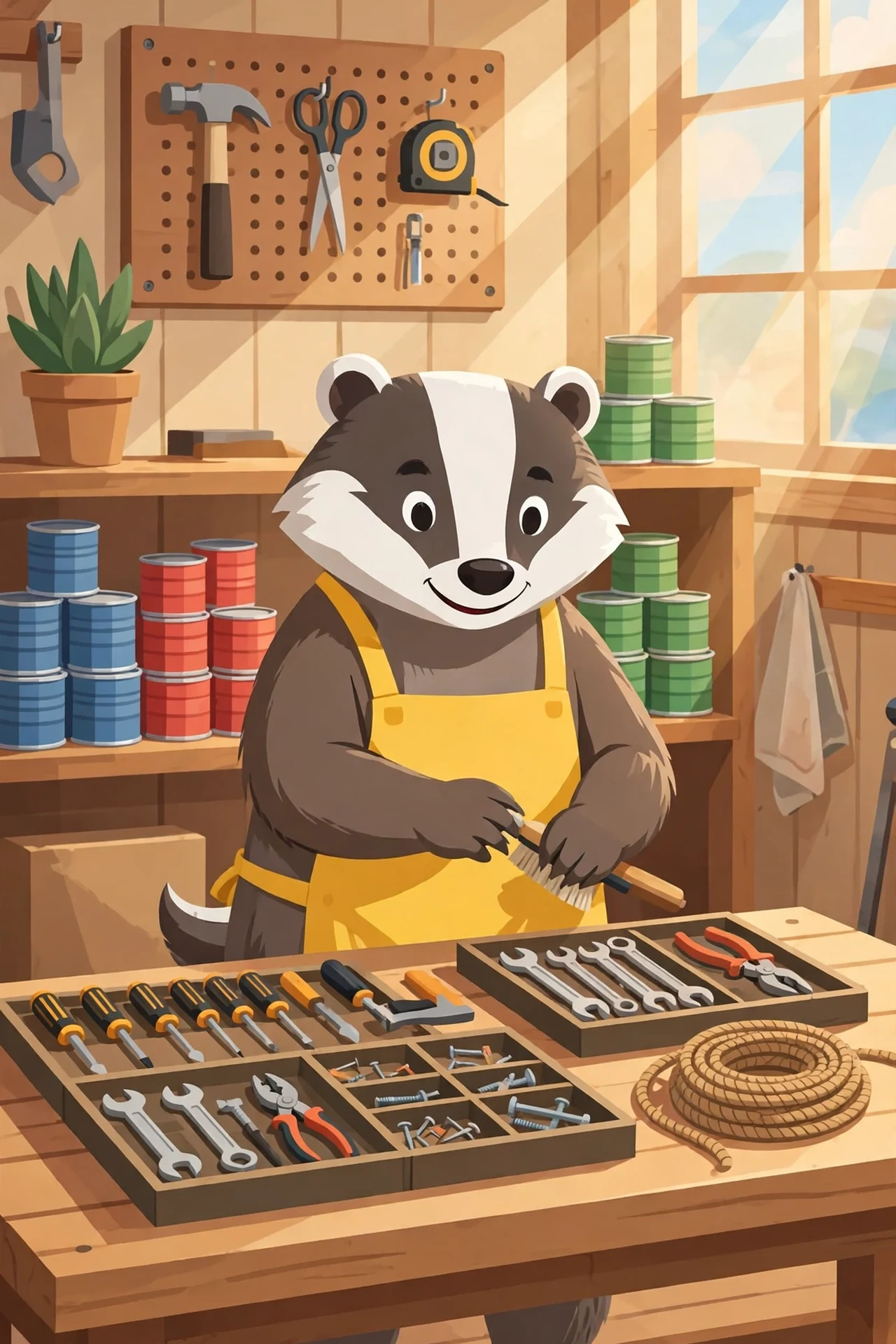 A smiling cartoon badger in a yellow apron tidying a sunny workshop workbench with sorted tool trays, stacked colorful cans and a coiled rope