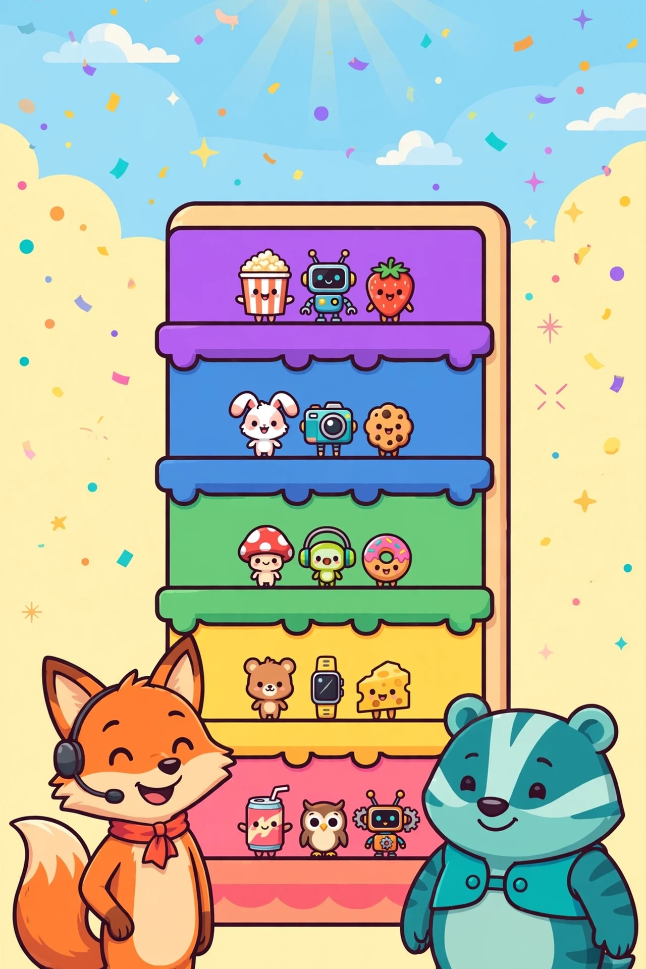 Flat vector art of an orange fox host and a teal badger standing beside a tall five-row tier podium filled with fictional snack, animal and gadget characters under a sunny sky with confetti
