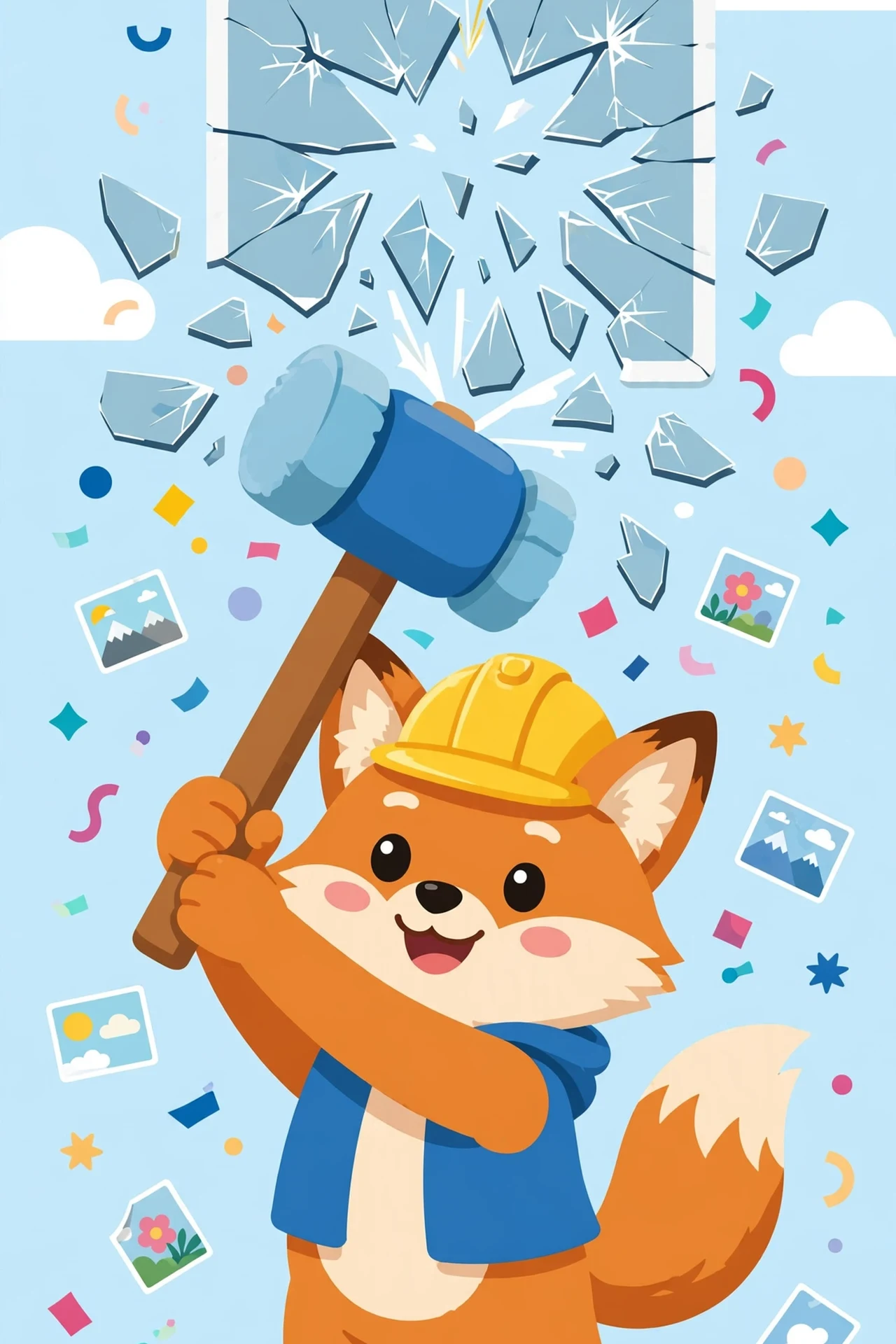 Flat vector cover art: a cheerful orange fox in a yellow hard hat swinging a big foam hammer at a giant cartoon browser window that is shattering into colorful pieces, with confetti and flying picture tiles on a bright sunny background.
