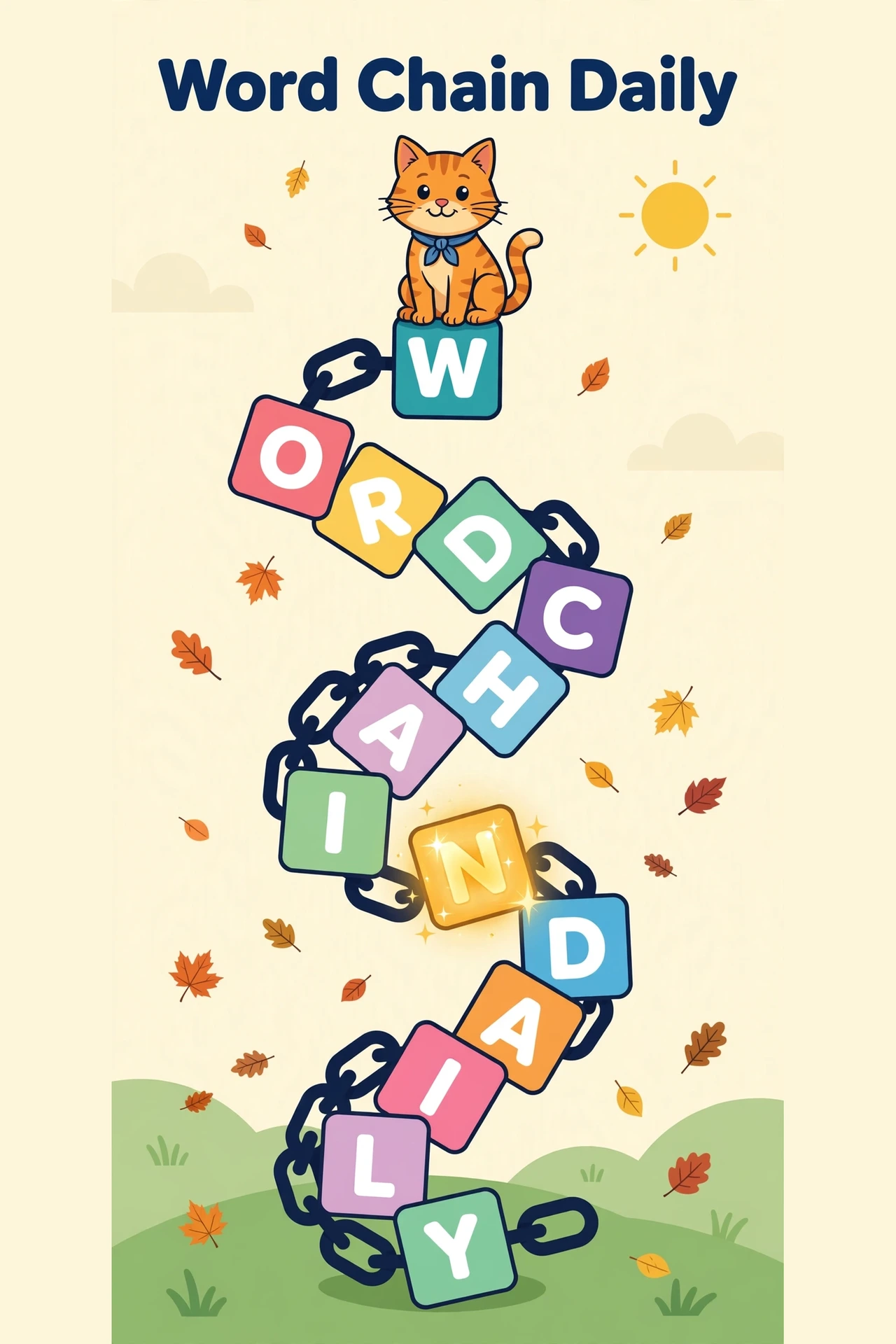 Cheerful orange tabby cat leaping along a winding chain of colorful letter tiles, with a glowing golden link, on a sunny cream background