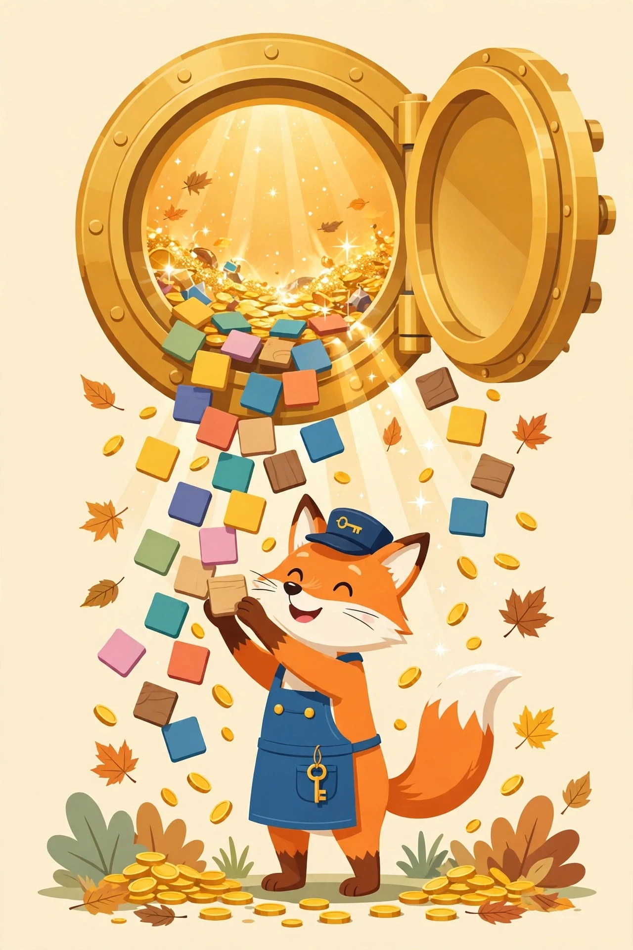 Cheerful orange fox in a teal waistcoat opening a large golden vault door as blank colorful tiles and gold coins spill out, with autumn leaves on a sunny cream background