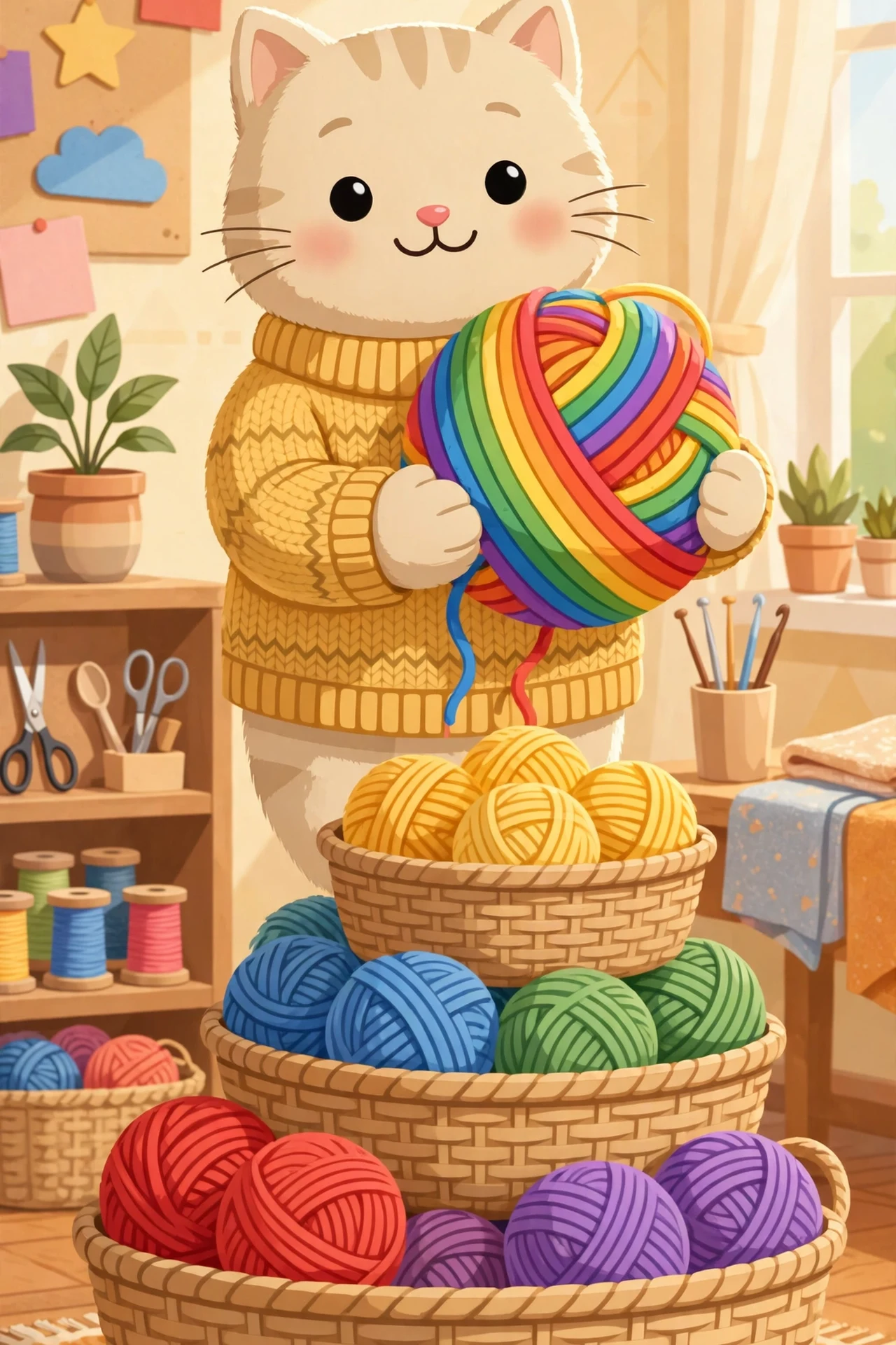 A smiling cream cat in a yellow knitted sweater sitting beside three woven baskets filled with red, blue, green, yellow and purple yarn balls in a sunny craft room